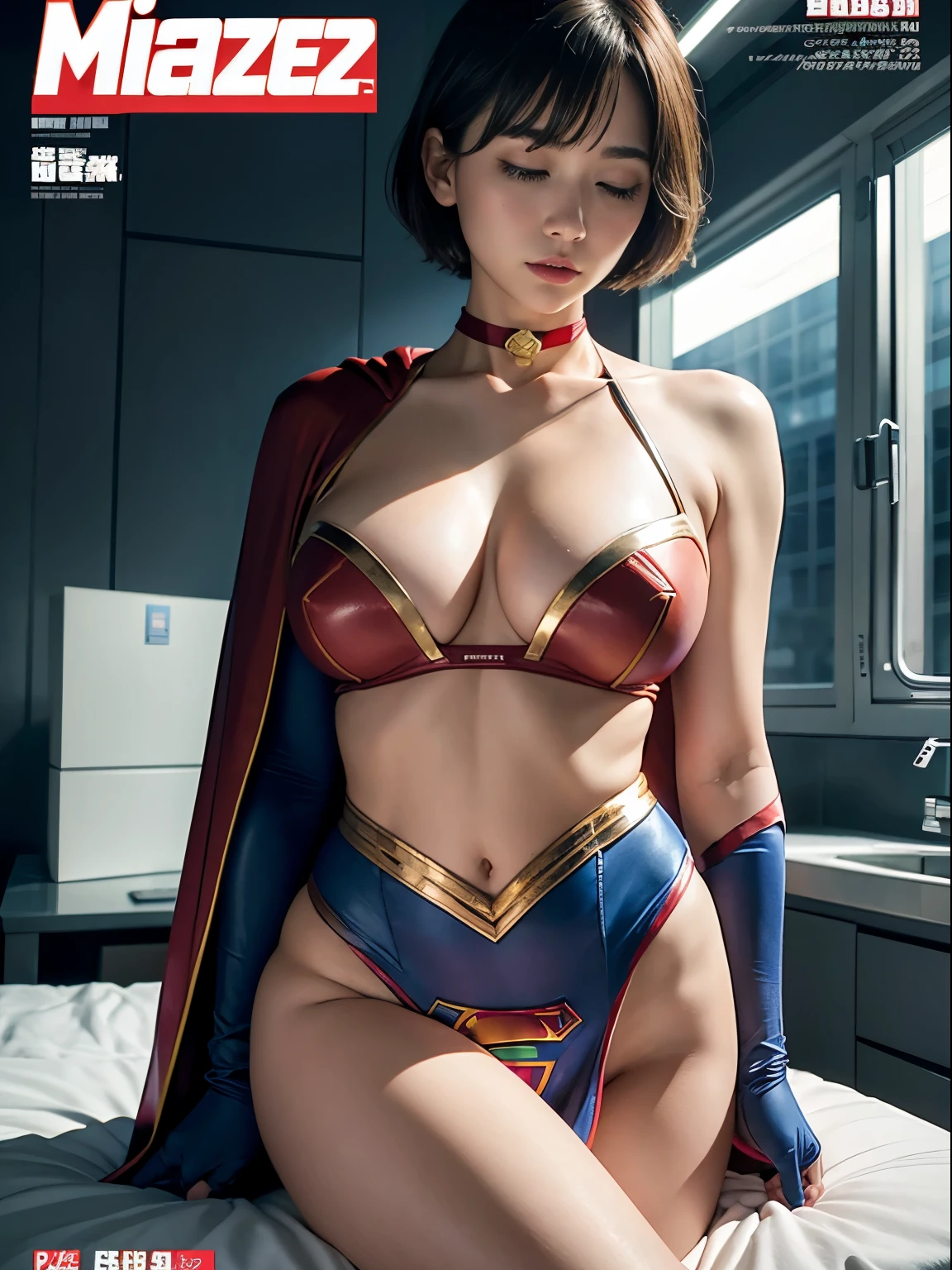 top-quality、​masterpiece,Short-haired Supergirl sleeping in the operating room、Plump breasts、Looking at the camera、a choker、bare-legged、MagazineCover、highleg、a miniskirt、Tight costumes、Puzzled、Large open legs、Obscene、Show a glimpse、Fluttering cloak