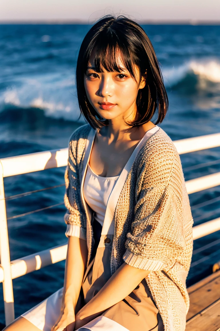 Beautiful girl wearing a summer dress、thin summer cardigan、14years、japanes、Sunset sea from the ship deck、No bulge in the chest、Wistful expression、Wheat-colored The skin、heavy wind、Black hair short bob with bangs、Luxury liner、少し日焼けしたThe skin、Black、the setting sun、