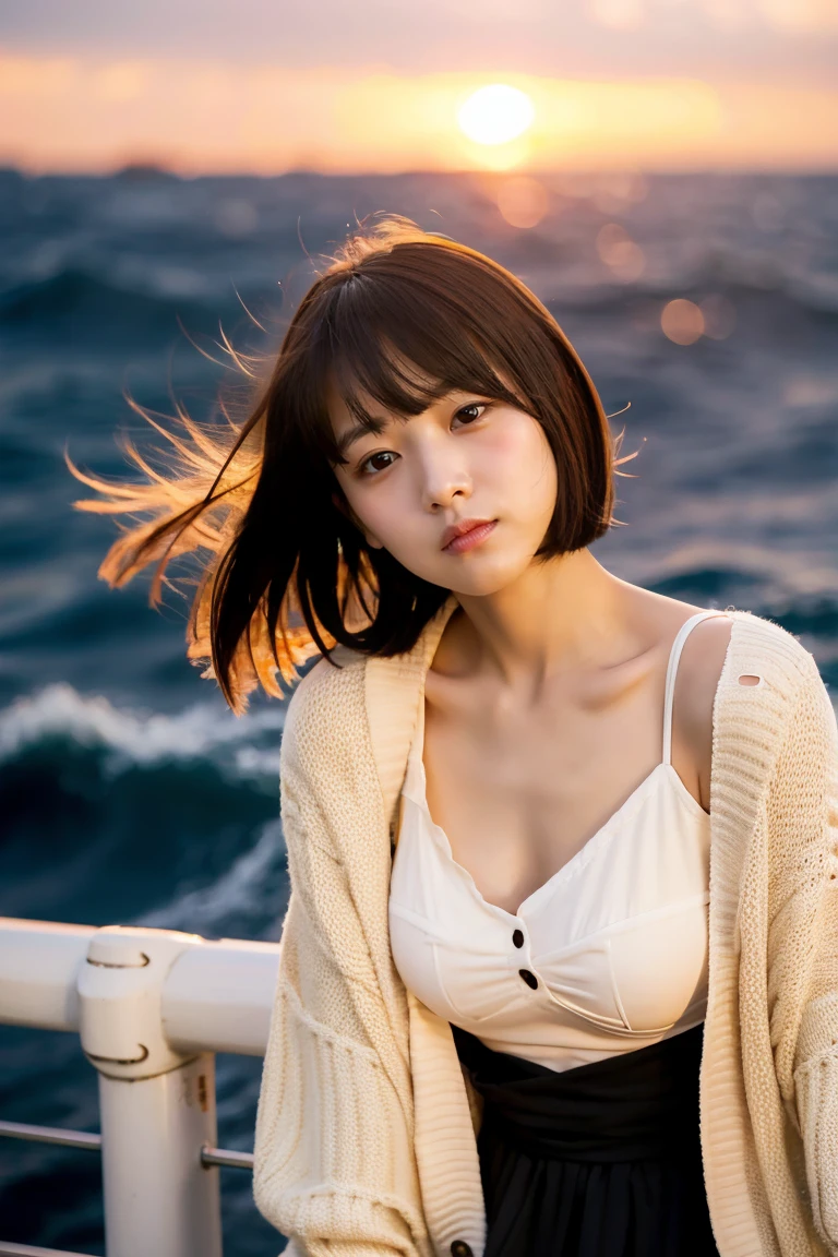Beautiful girl wearing a summer dress、thin summer cardigan、years、japanes、Sunset sea from the ship deck、No bulge in the chest、Wistful expression、Wheat-colored　The skin、heavy wind、Black hair short bob with bangs、Luxury liner、少し日焼けしたThe skin、Black、the setting sun、