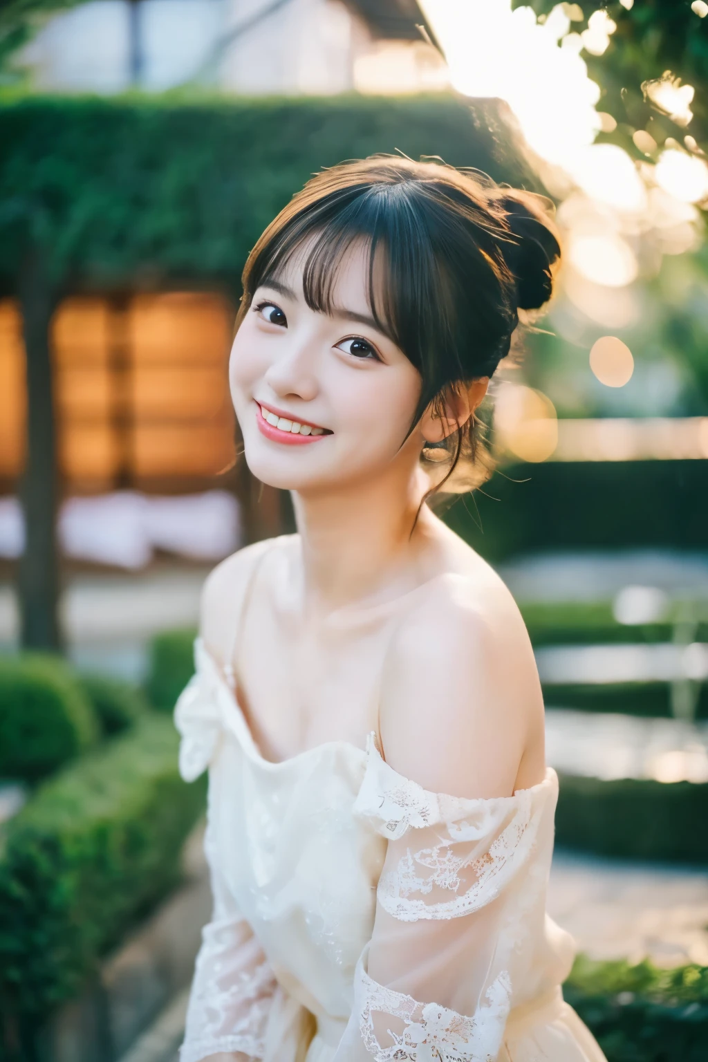 ((​masterpiece))), (Two beautiful Japan girls, classmates, Innocence，kawaii，kawaii髪型、A dark-haired :1.4 ，超hight resolution, Realistic, ultra-detailliert, 8K,top-quality, Extremely detailed, Detailed background,A slender,very beautiful japanese girl, Detailed face:1.3), , (a baby face，kawaii系,adorable girl)，(Best Quality,Photorealistic,hight resolution),Beautiful detailed eyes,Beautiful detailed lips,Smiling,Laughing,kawaii系,having fun,Joyful,excited,clew,cosy atmosphere,magical moments,,memories that make you happy,cherish sisterhood,love and laughter、beautiful off shoulder clavicle，white lace short dress，((Perfect hands without discomfort))，Precise feet without discomfort，beautiful thigh，short-cut，poneyTail，Kissing、Lori，moonlit terrace，The moon is out，Gorgeous gardens，Looking at the camera