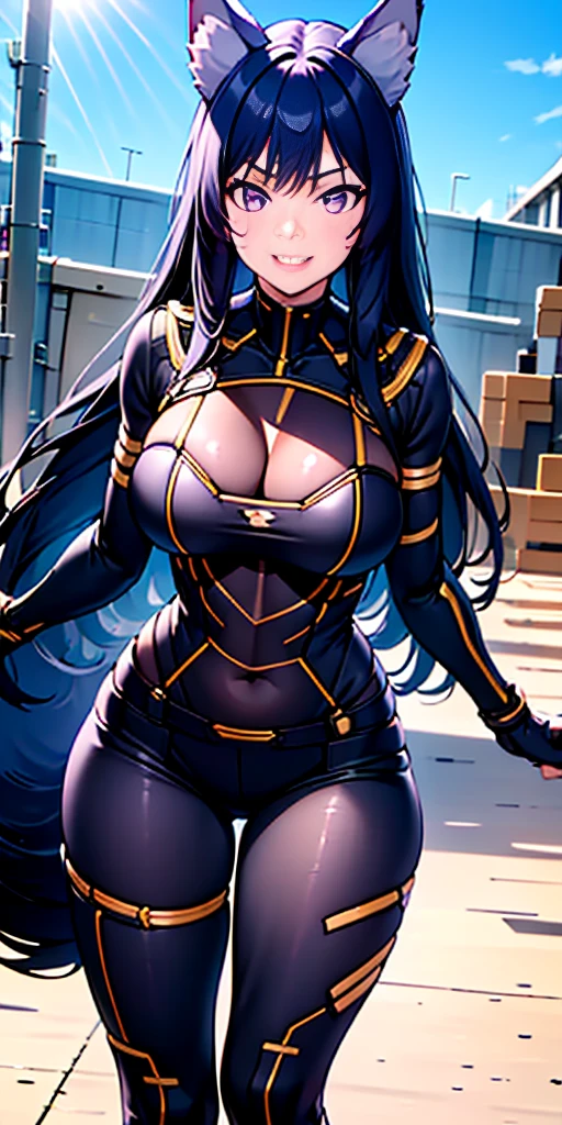 best quality, masterprice, 1girl, (solo:1.1), raytracing, ultra detailed,detailed face, 8k wallpaper, large breasts, smile, wide hips, outdoor, standing, outdoor,  DeltaNDV, long hair, animal ears, purple eyes, bangs, wolf ears, looking at viewer, wolf tail, bodysuit, tight clothes, stomach, from front