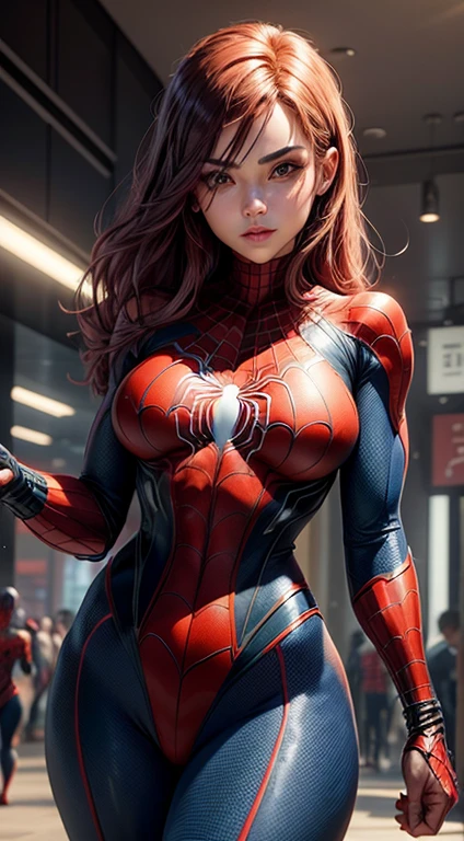 Foto de corpo inteiro, leve sorriso, a superhero dressed as Spider-Man, no mask on. a woman in a swimsuit-like Spider-Man costume, Cabelo comprido vermelhos, seios enormes, Athletic body, Vibrant and dynamic style, with solid colors and defined contours. highlighting the heroine. No distortions or imperfections. Centralized composition, foco na personagem. 8K分辨率, dimensions of 2040x2040 pixels. 
Keep female representation strong and respectful, emphasizing her role as a superhero. Ensure a balanced and coherent aesthetic with the Spider-Man universe.