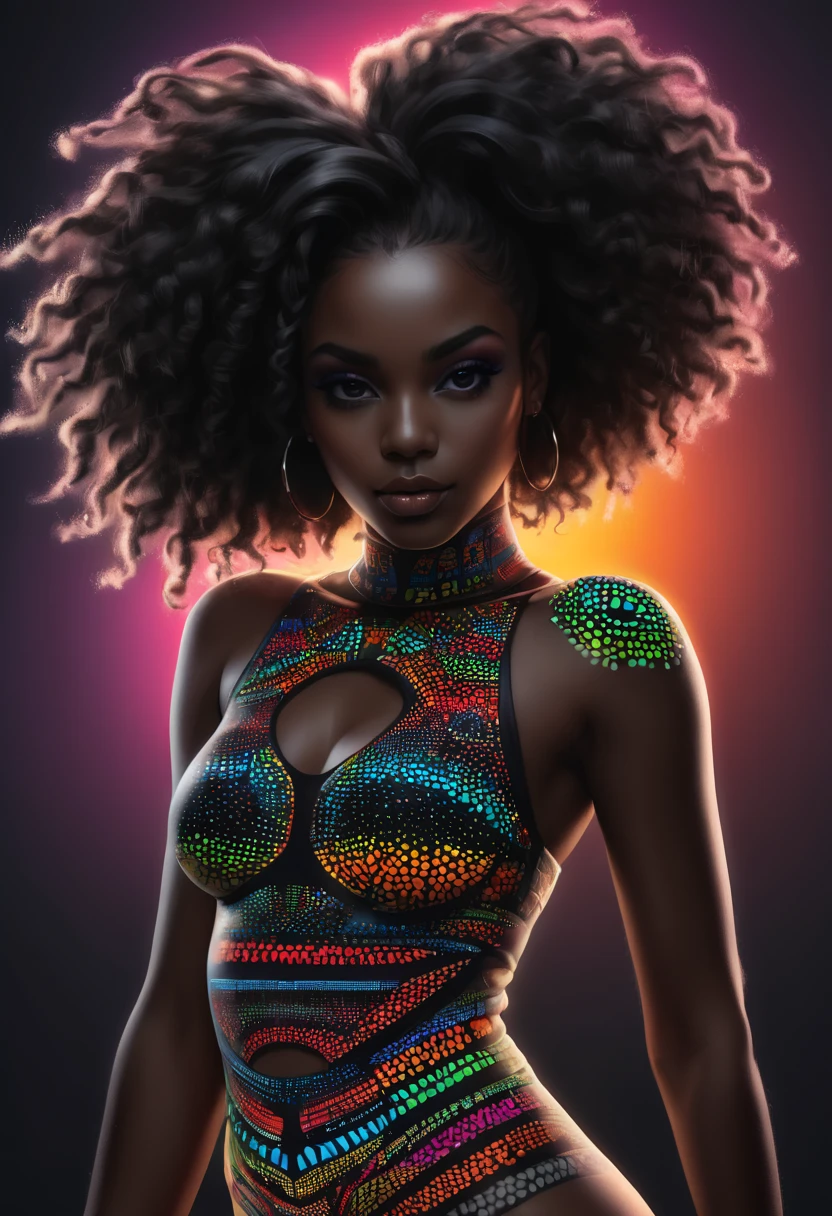 brilho, preto e branco, fundo branco, linha fina de tinta estilizada, vetor, desenho de tatuagem, young black woman with bright african hair pattern, High quality ultra wide exposure photography, muito detalhada, neon dots of a beautiful colorful silhouette, bela silhueta, electronic devices like a very light gray PC in the background, de , muito detalhado,
