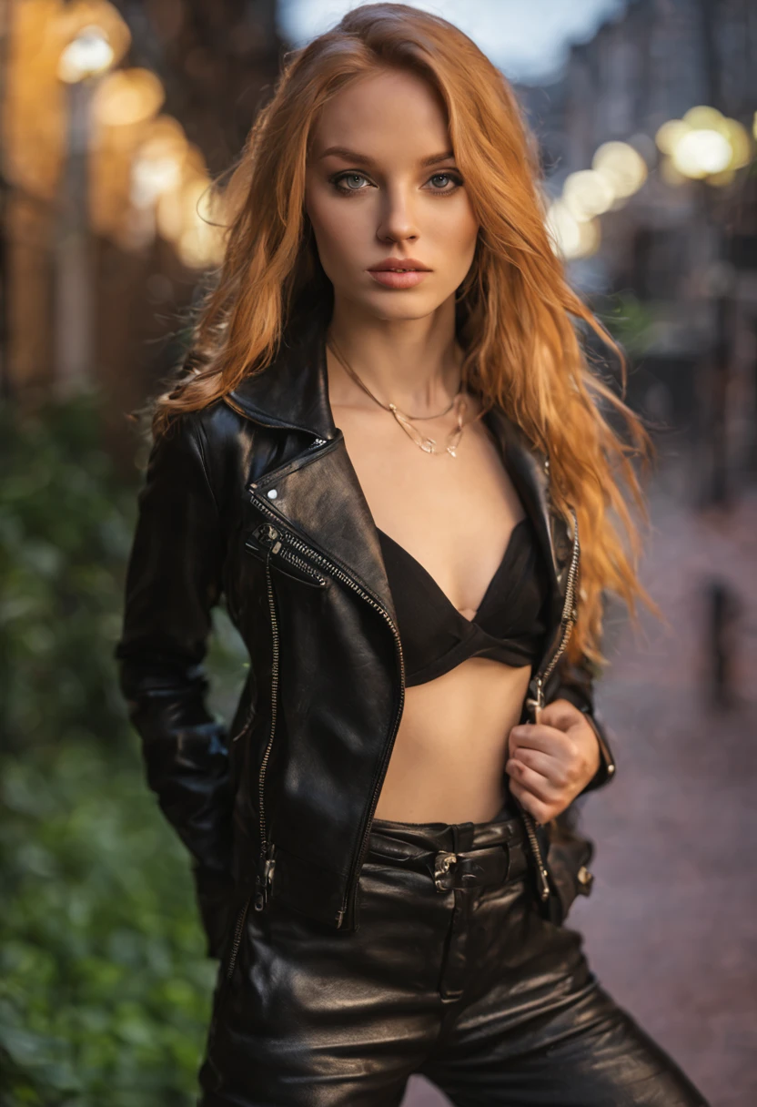 18-year-old girl long strawberry blond hair green eyes small firm breast she has on skin tight black leather pants