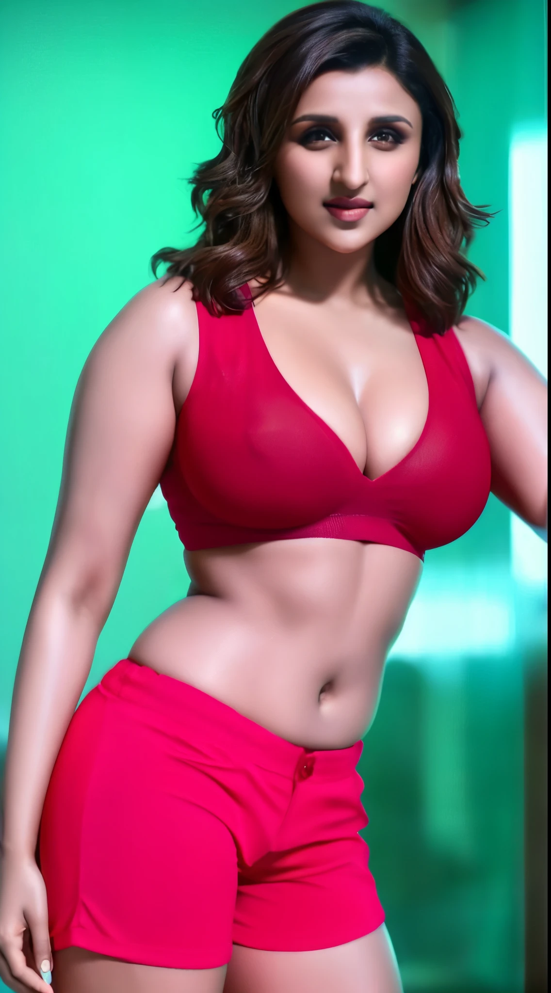 Parineeti Chopra, sexy pose, naughty smile, Alone, real details, real face, red shirt, sleeveless shirt, shirt button open, tight shorts, Highly detailed face, Clear skin, clear face, beautiful lips, perfect eyes, proper eye spacing, full body in frame, Big tight breast, perfect shape breast, full cleavage visible, under arms shaved & clean, smooth underarms, High Quality, Ultra focus, proper fingers, proper teeth, proper tongue, 4K resolution, very zoom out, cinematic lighting, unreal engine 5