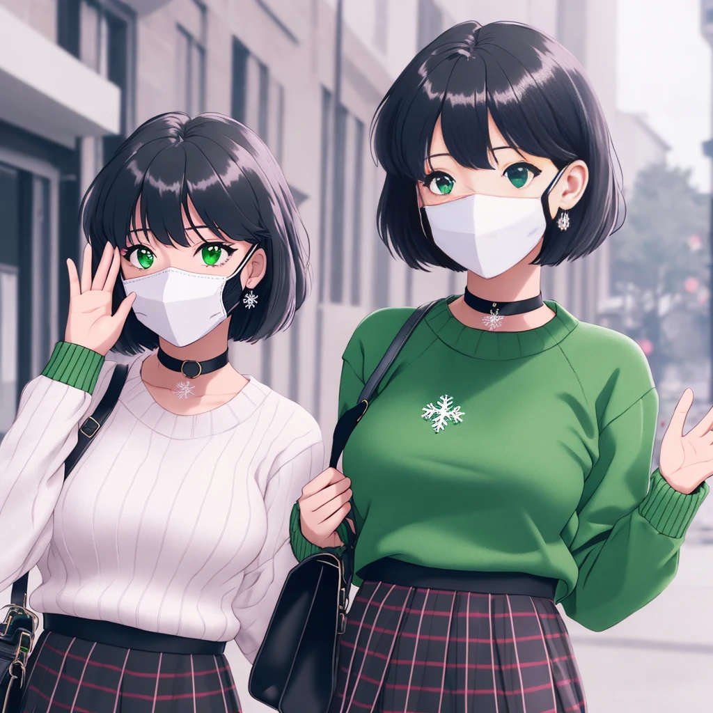 muted pastel colors, retro anime, 1990s anime, 1980s anime, brush strokes,
1girl, bag, between breasts, black choker, black skirt, blush, breasts, choker, cowboy shot, day, green eyes, hair between eyes, handbag, large breasts, looking at viewer, mask, mouth mask, official alternate costume, outdoors, plaid, plaid skirt, ribbed sweater, short hair, skirt, snowflake choker, solo, speech bubble, strap between breasts, sweater, virtual youtuber, waving, white sweater