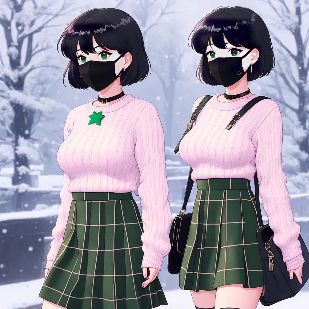 muted pastel colors, retro anime, 1990s anime, 1980s anime, brush strokes,
1girl, bag, between breasts, black choker, black skirt, blush, breasts, choker, cowboy shot, day, green eyes, hair between eyes, handbag, large breasts, looking at viewer, mask, mouth mask, official alternate costume, outdoors, plaid, plaid skirt, ribbed sweater, short hair, skirt, snowflake choker, solo, speech bubble, strap between breasts, sweater, virtual youtuber, waving, white sweater
