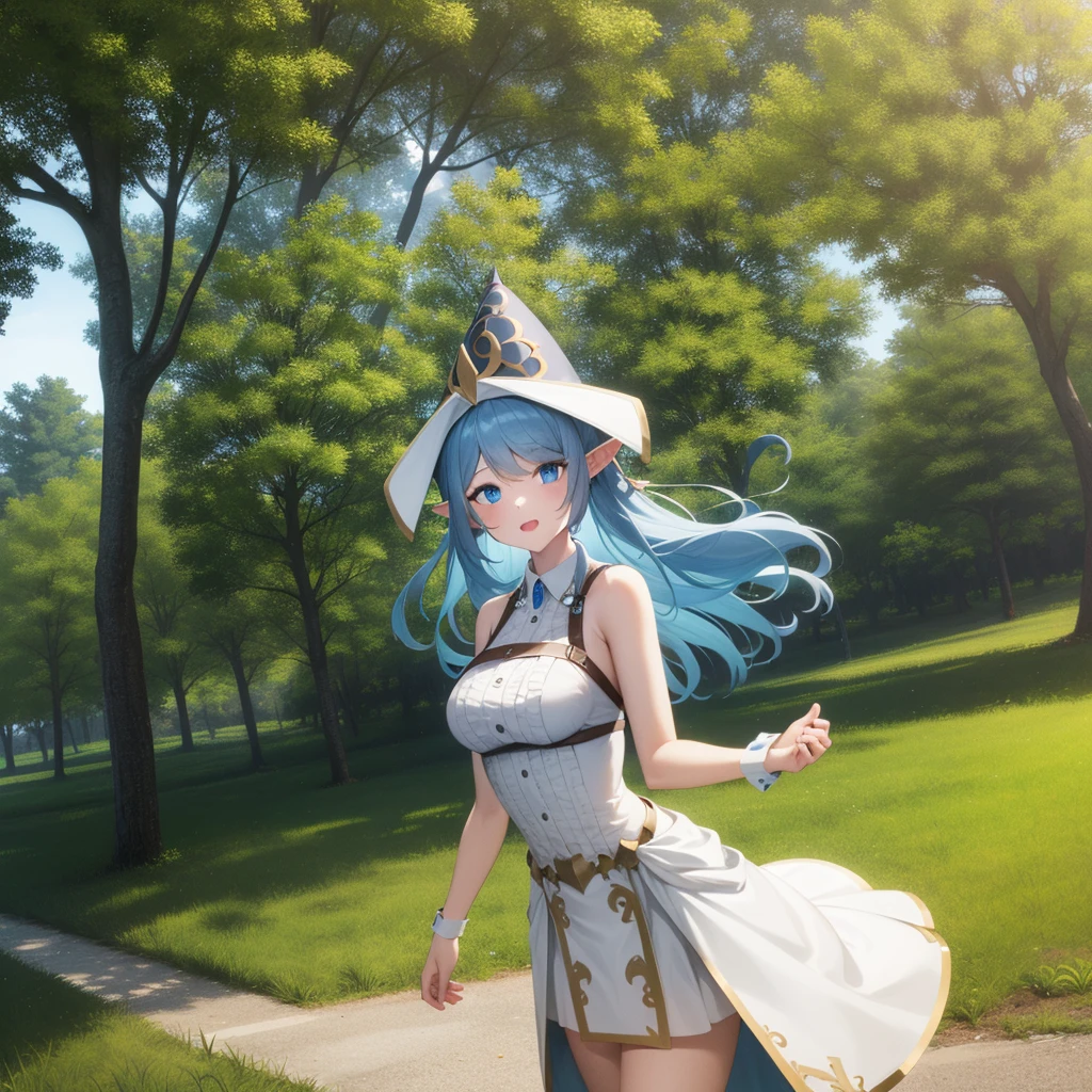 1girl, blue hair, blue eyes, elf ears, wizard hat, white dress, cowboy shot, outdoors, landscape,