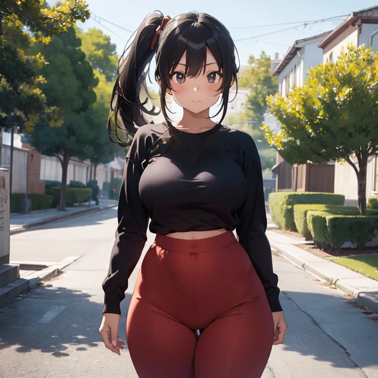 masterpiece, top quality, highly deteiled, voluptous girl 1 person, adult, tomboy, brown skin, black hair, hair ponytail with white, wearing a red deportive sweater, tight green t-shirt below sweater, devortive red pants , age: 22, view from front, pretty face, large breasts, large hips, large thighs, in a park