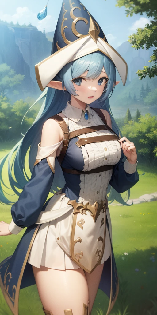 1girl, blue hair, blue eyes, elf ears, wizard hat, white dress, cowboy shot, outdoors, landscape,