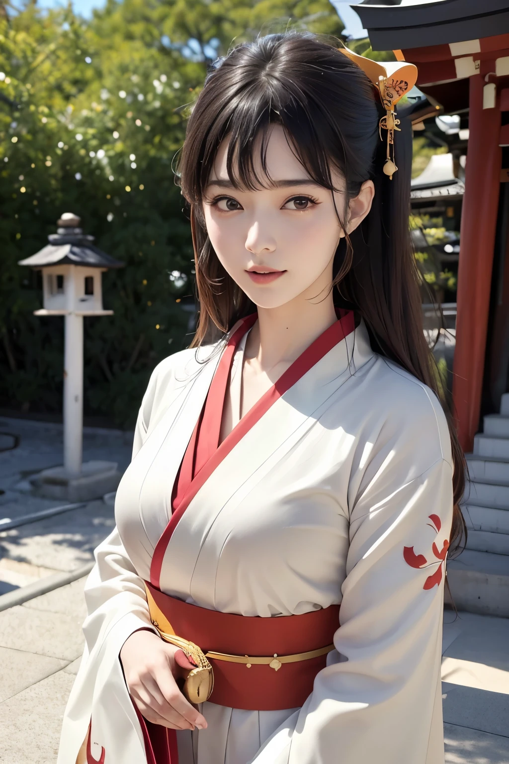 (((New Year's scenery of Japan))), (((SFW))), 8K, ((masutepiece)),(((top-quality))),((Ultra-detailed)),((((Realistic)))), Photorealsitic:1.37, (A hyper-realistic), (illustratio), (hight resolution), (ighly detailed), (The best illustrations), (Ultra-detailed細), (walls), (详细的脸), (Beautiful expression), ((詳細 top-qualityのスキン:1.2)), ((Reddish blush)), (Ultra-detailed細な背景, Detailed background), (Beautiful and aesthetic: 1.2), Extremely detailed, (((Woman in Priestess Outfit:1.5))), ((Affectionate smile)), There is a woman standing with bare skin wearing a shrine maiden costume., (((Thin shrine maiden kimono))), ((Girl&#39;s hair: Shrine maiden decoration on roll-up hair)), Kadomatsu, Komainu, Red torii gate, big company, customers who pray, gorgeous new year decorations, 金箔装飾されたbig company, At a shrine that shines in the morning sun