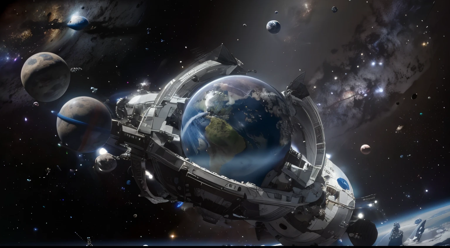 There is an image of a space station with a planet in the background, earth in space, planet in space, Orbitando a Terra, planet with rings, fundo do planeta terra, planetas colidindo, dyson sphere in space, orbital rings, looming over earth in space, World of Rings, Portal to outer space, planeta terra explodindo, background in space, space photo, Interstellar space configuration