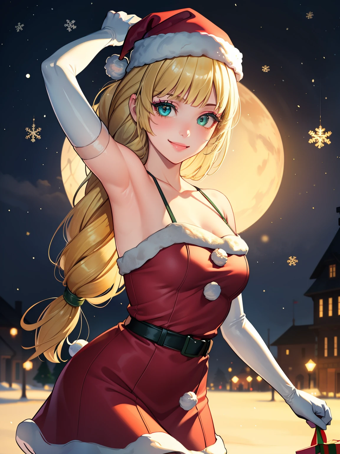 1girl, solo, masterpiece, best quality, high res, highly detailed, (illustration), beautiful detailed eyes, defIngrid, bangs, braided ponytail ,glossy lips, makeup, smile, long white elbow gloves, cowboy shot, (santa), red santa dress, santa hat, strapless dress, white elbow gloves