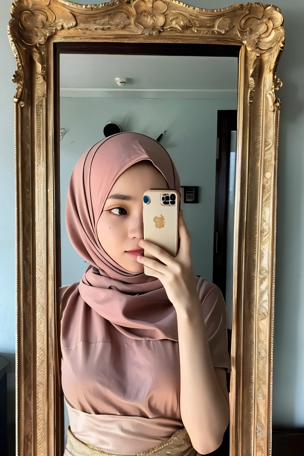 ((Perfectly insane textured)), ((Perfect proportional)), ((Perfect photo)), ((Super ekstremely detiled)), ((best quality)), ((masterpiece)), (detailed), perfect face
young of 15 years old indonesian wearing full of hijab dress woman and wearing kebaya indonesia traditional costume, with minus lens spectacle, in the darken room taking a selfie in front of a mirror with "iphone 15 pro" with blitz light phone, a picture by Lü Ji, instagram contest winner, aestheticism, aesthetic, feminine, clean with dusty and water spore in the mirror