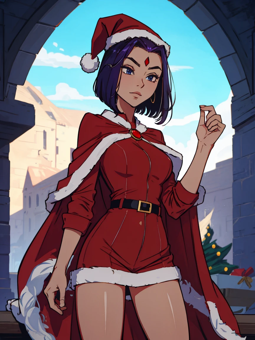 Raven, santa outfit, red jewel on forehead, santa hat, detailed, masterpiece