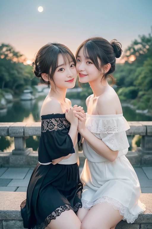 ((masterpiece))), ((Two beautiful girls)),(japanaese girl, classmates, Innocence,kawaii,kawaii髪型、A dark-haired :1.4 ,超hight resolution, Realistic, ultra-detailliert, 8K,top-quality, Extremely detailed, Detailed background,A slender,とても美しいjapanaese girl, Detailed face:1.3), , (a ,kawaii系,adorable girl),(Best Quality,Photorealistic,hight resolution),Beautiful detailed eyes,Beautiful detailed lips,Smiling,Laughing,kawaii系,having fun,Joyful,excited,clew,cosy atmosphere,magical moments,,memories that make you happy,cherish sisterhood,love and laughter、beautiful off shoulder clavicle,white lace short dress,((Perfect hands without discomfort)),Precise feet without discomfort,beautiful thigh,short-cut,poneyTail,Kissing、Lori,moonlit terrace,The moon is out,Party Venue