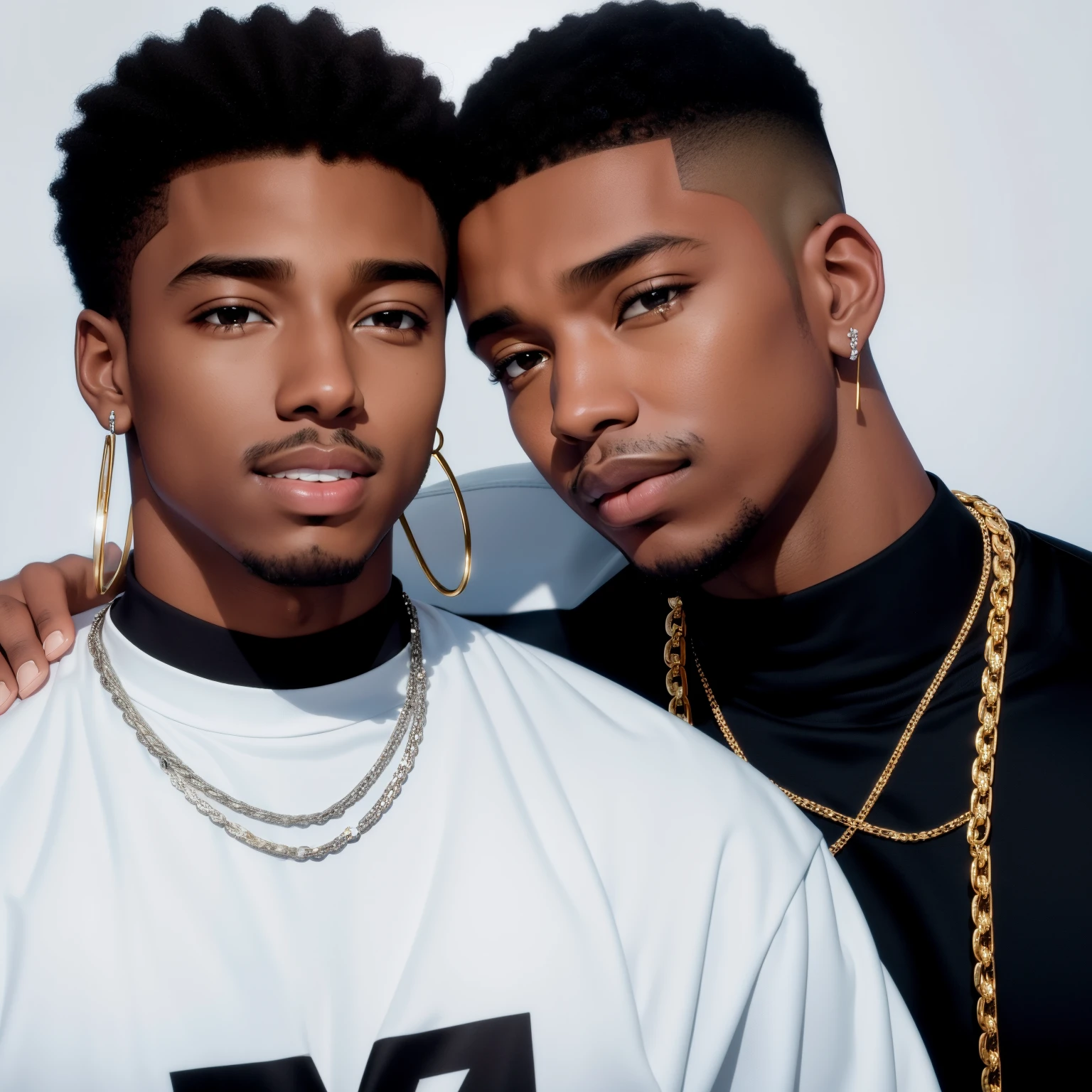 young beautiful black man, 17 years, like Miguel B. Jordan smiling with diamond earrings on his ears and a rapper chain around his neck wearing an open-faced black boon and a turtleneck T-shirt. Luxurious and charismatic character.