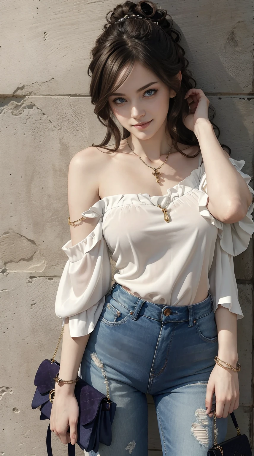 26 year old white woman、Hair is brunette、Eye color is blue、Longhaire、Slender but well-proportioned muscular body、She is wearing a frilly one-shoulder top.、wearing skinny jeans、wearing a rosary necklace、accessories on the wrist、setting hair、a smile、I have a clutch bag、I am in front of a wall with wall art written on it.、I&#39;m so excited、I'm pulling my hair up、