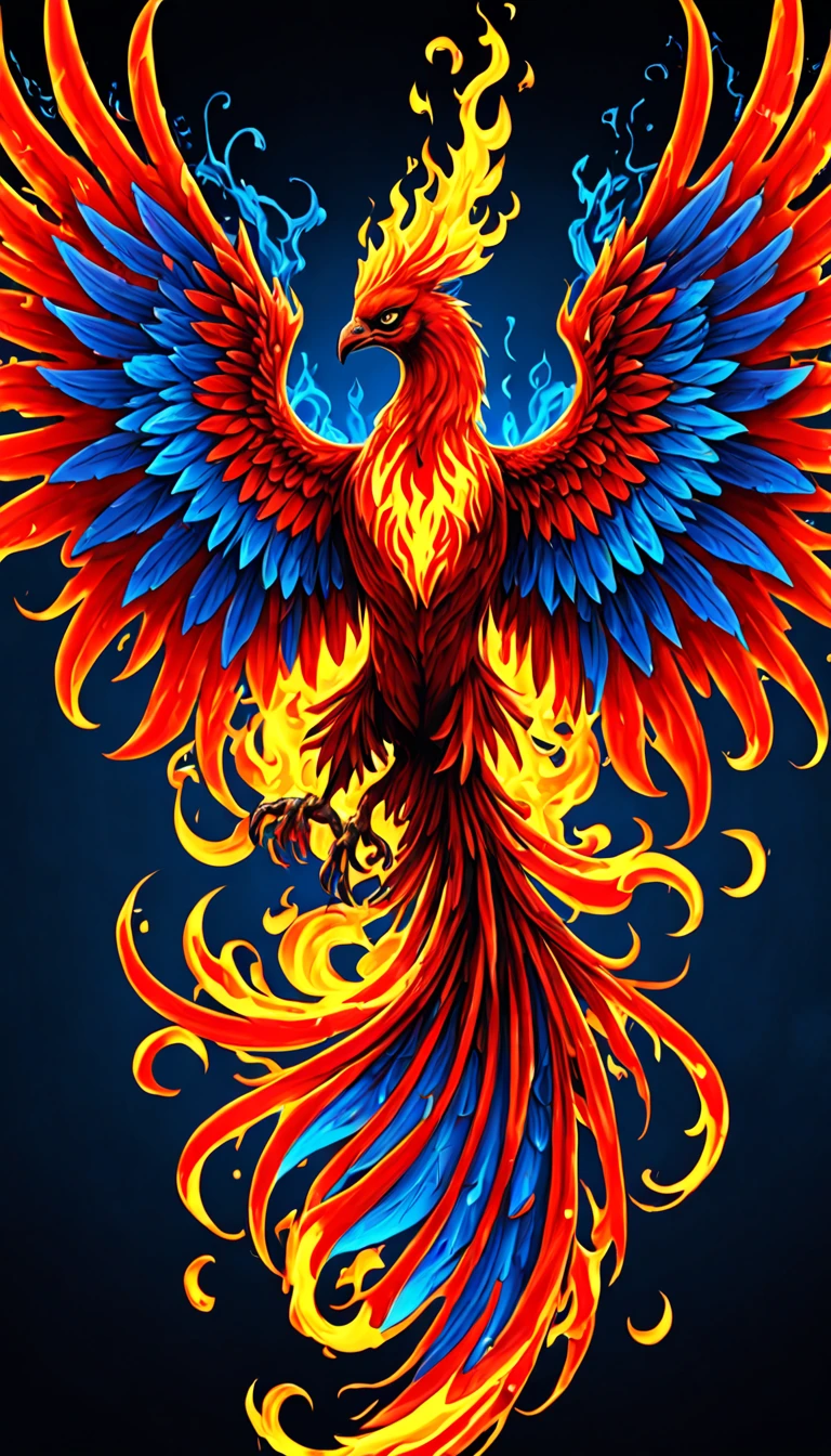 (Fire phoenix ), neon red, smoke, fire, flames, dripping, blood, red and blue colors , large fire wings