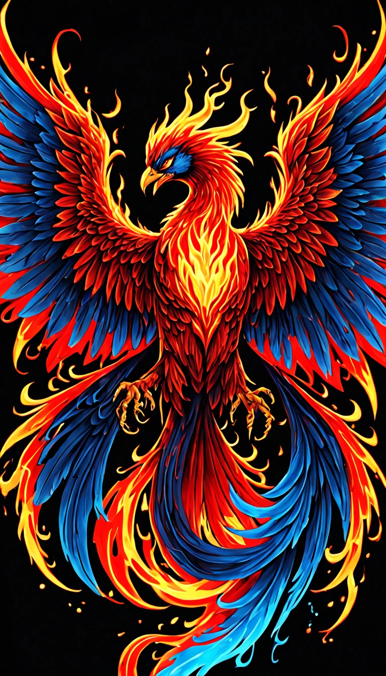 (Fire phoenix ), neon red, smoke, fire, flames, dripping, blood, red and blue colors , large fire wings
