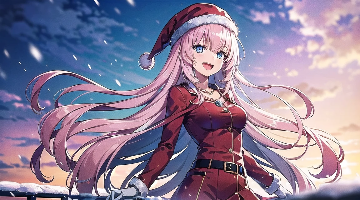 1girl, ichinose honami,laughing happy and it’s Christmas and you’ve decided to spend it outdoors, enjoying nature and the snow. a red dress with a white belt, black boots, white gloves and a Christmas hat. She also wears a necklace with a snowflake-shaped pendant. She looks very pretty and elegant, and has a radiant smile on her face. Her light pink hair that shines under the sunlight. Her bright blue eyes have small eyelashes that give her a sweet and expressive look that reflect the sunlight, shot with Sony Alpha o9 II and Sony FE 200-600mm f/5.6-6.3 G OSS lens, 8k anime Photography, BREAK looking at viewer, (cowboy shot:1.5), BREAK (masterpiece:1.2), best quality, high resolution, unity 8k wallpaper, (illustration:0.8), (beautiful detailed eyes:1.6), extremely detailed face, perfect lighting, extremely detailed CG, (perfect hands, perfect anatomy), natural light, very detailed, open mouth,