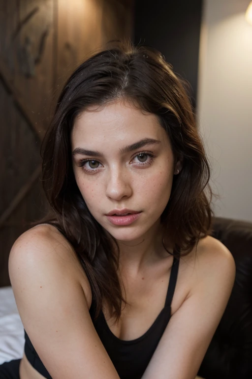 ((best quality)), ((masterpiece)), (detailed), perfect face realistic photo of beautiful woman with long dark brown hair, Russian, influencer, light freckles, dark brown eyes, big lips, no makeup, insagram, next to black wall, wearing sexy yoga outfit