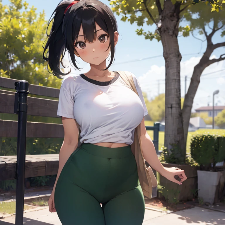 masterpiece, top quality, highly deteiled, voluptous girl 1 person, adult, tomboy, brown skin, black hair, hair ponytail with white, wearing a red deportive sweater, tight green t-shirt below sweater, devortive red pants , age: 22, view from front, pretty face, large breasts, large hips, large thighs, in a park