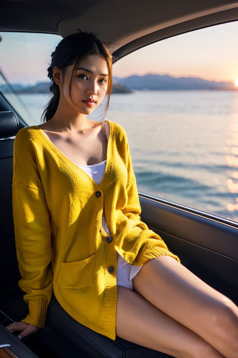 Beautiful girl wearing a summer dress、thin summer cardigan、、japanes、Sunset sea from the ship deck、No bulge in the chest、Wheat-colored The skin、heavy wind、A dark-haired、Bun hair、Luxury liner、少し日焼けしたThe skin、Black、the setting sun、