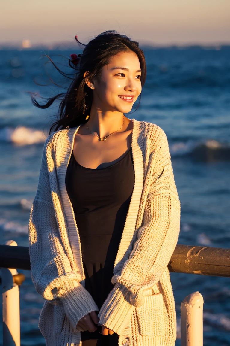 Beautiful girl wearing a summer dress、thin summer cardigan、11 year old、japanes、Sunset sea from the ship deck、No bulge in the chest、Wheat-colored The skin、heavy wind、A dark-haired、Bun hair、Luxury liner、少し日焼けしたThe skin、Black、the setting sun、