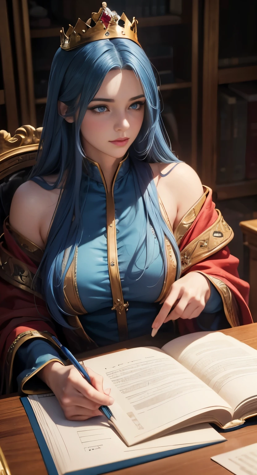 sfw,(Masterpiece: 1.2, Best Quality), Realistic, (Realistic Picture, Complex Details, Depth of Field), Best Quality, Masterpiece, Highly Detailed, Semi Realistic, 1 Girl, Mature Female, 21 Years Old, Blue Hair, Shoulder length long Hair, Left Eye Covered with Hair, Blue Eyes, King's Clothes, Red Cloak, Slim Figure, Crown Made of Precious Gold, Reading Documents, Marking Documents, Goose Hair Pen, Office Table, Soft Bench, Palace, In the palace, during the Middle Ages,flirty ,ara ara feel