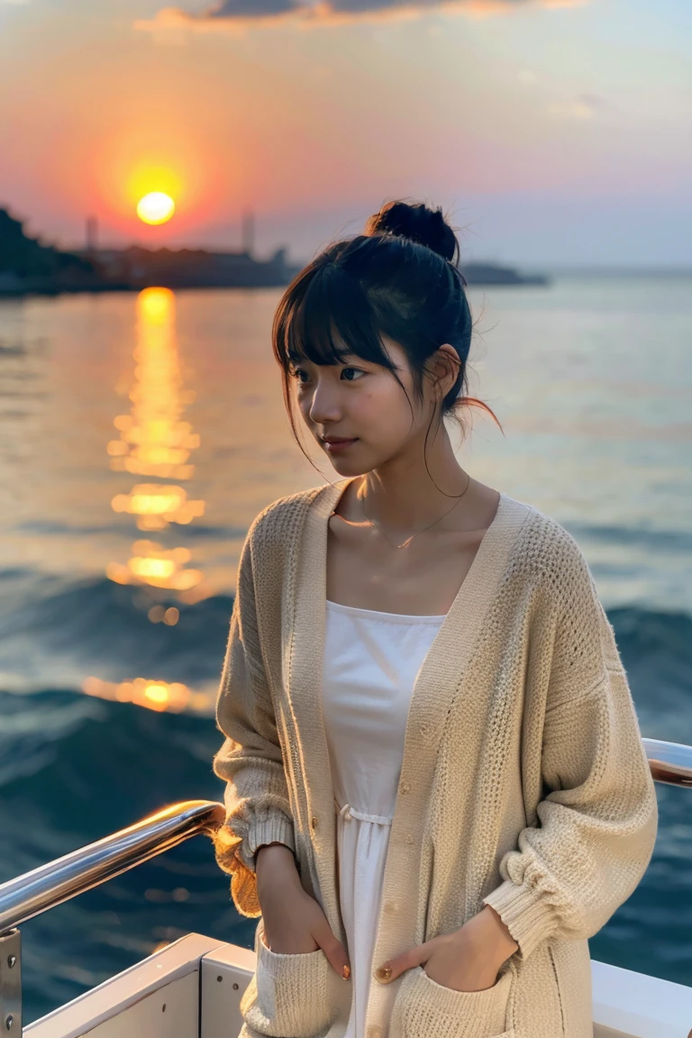 Beautiful girl wearing a summer dress、thin summer cardigan、14years、japanes、Sunset sea from the ship deck、No bulge in the chest、Wistful expression、Wheat-colored The skin、heavy wind、Black hair with bangs and bun hair、Luxury liner、少し日焼けしたThe skin、Black、the setting sun、