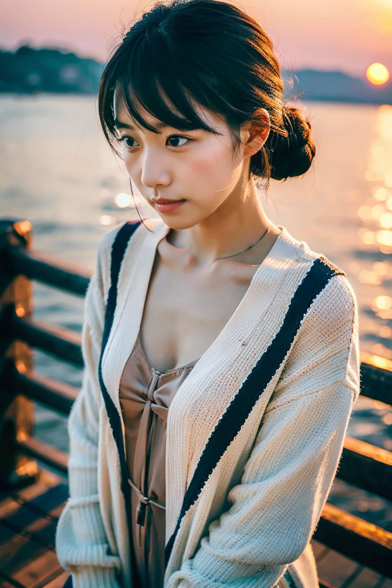 Beautiful girl wearing a summer dress、thin summer cardigan、14years、japanes、Sunset sea from the ship deck、No bulge in the chest、Wistful expression、Wheat-colored The skin、heavy wind、Black hair with bangs and bun hair、Luxury liner、少し日焼けしたThe skin、Black、the setting sun、