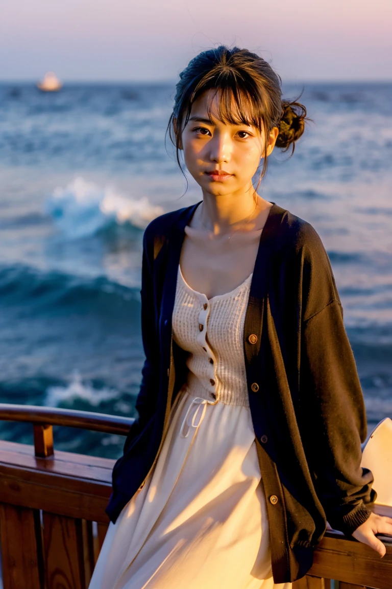 Beautiful girl wearing a summer dress、thin summer cardigan、14years、japanes、Sunset sea from the ship deck、No bulge in the chest、Wistful expression、Wheat-colored The skin、heavy wind、Black hair with bangs and bun hair、Luxury liner、少し日焼けしたThe skin、Black、the setting sun、