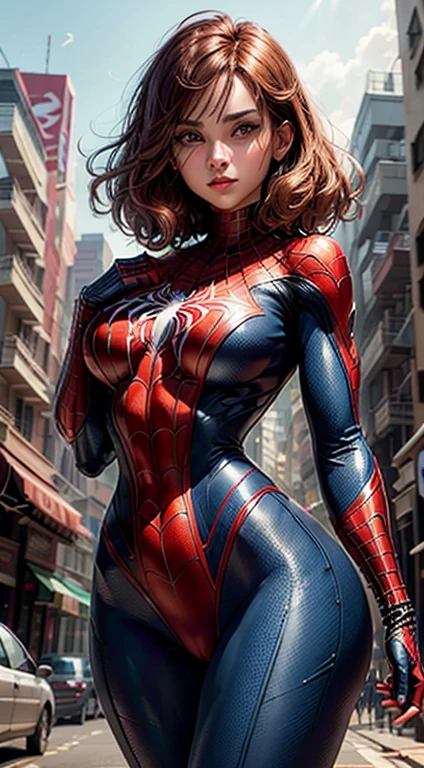 Foto de corpo inteiro, leve sorriso, a superhero dressed as Spider-Man, no mask on. a woman in a swimsuit-like Spider-Man costume, Cabelo comprido vermelhos, seios enormes, Athletic body, Vibrant and dynamic style, with solid colors and defined contours. highlighting the heroine. No distortions or imperfections. Centralized composition, foco na personagem. 8K分辨率, dimensions of 2040x2040 pixels.
Keep female representation strong and respectful, emphasizing her role as a superhero. Ensure a balanced and coherent aesthetic with the Spider-Man universe.