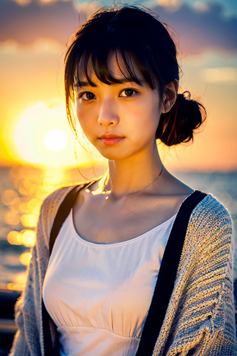 Beautiful girl wearing a summer dress、thin summer cardigan、11 year old、japanes、Sunset sea from the ship deck、No bulge in the chest、Wistful expression、Wheat-colored　The skin、heavy wind、Black hair with bangs and bun hair、Luxury liner、少し日焼けしたThe skin、Black、the setting sun、