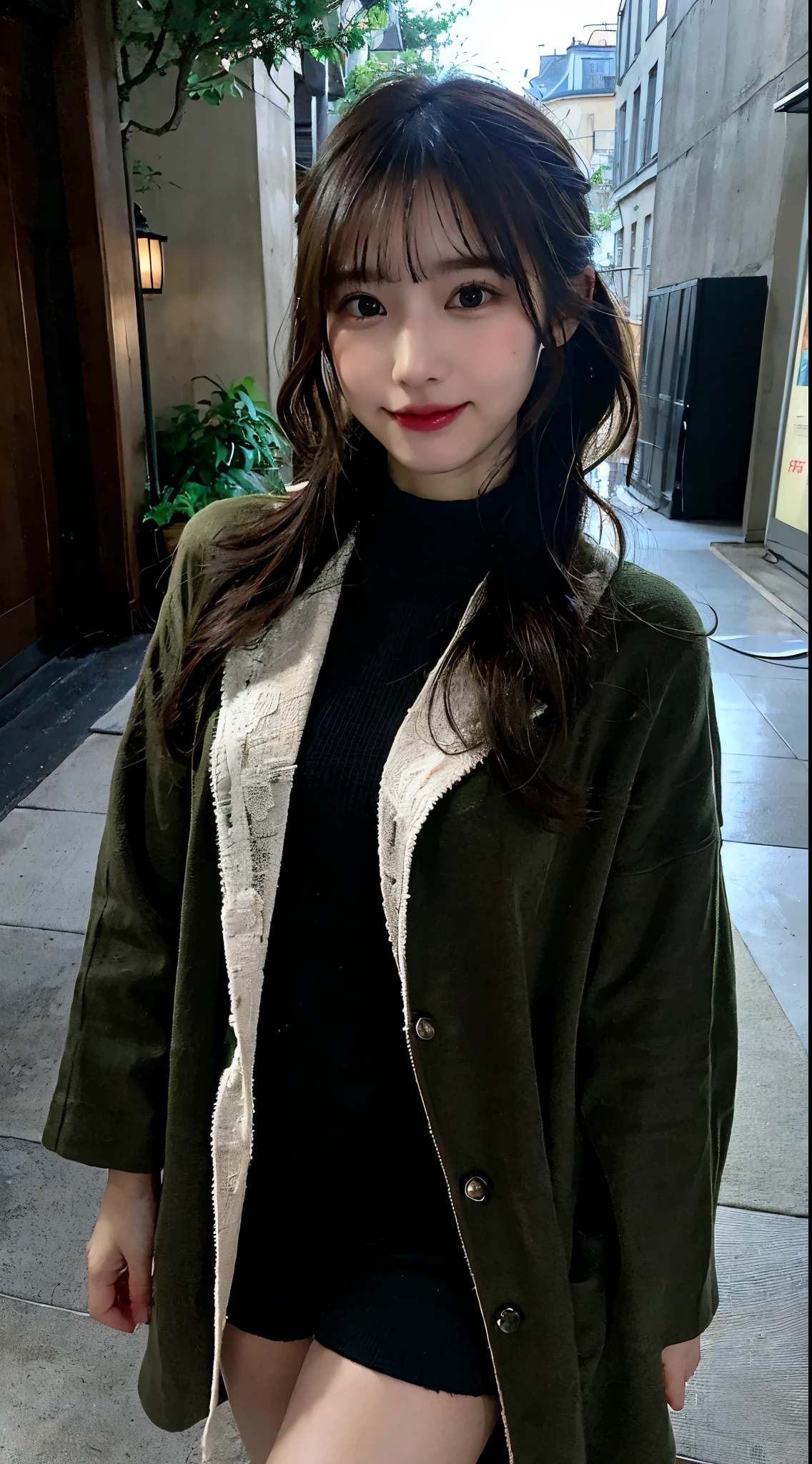 (masterpiece:1.3), (8K, Raw photography, Top image quality: 1.4), One Japan high school girl、(Random hairstyles:1.2)、(small tits:1.3)、Super Detail Face、Eye of Detail、二重まぶた、foco nítido:1.2、prety woman:1.4、light brown hair、top-quality、超A high resolution、(Photorealsitic:1.4)、very detailed and professional lighting、slender、skinny thigh、A smile、((Walking the streets of Paris:1.1))、(Black sweater、Wearing a moss green mod coat:1.3)、wearing black shorts、Wear short suede boots with brushed inside、
