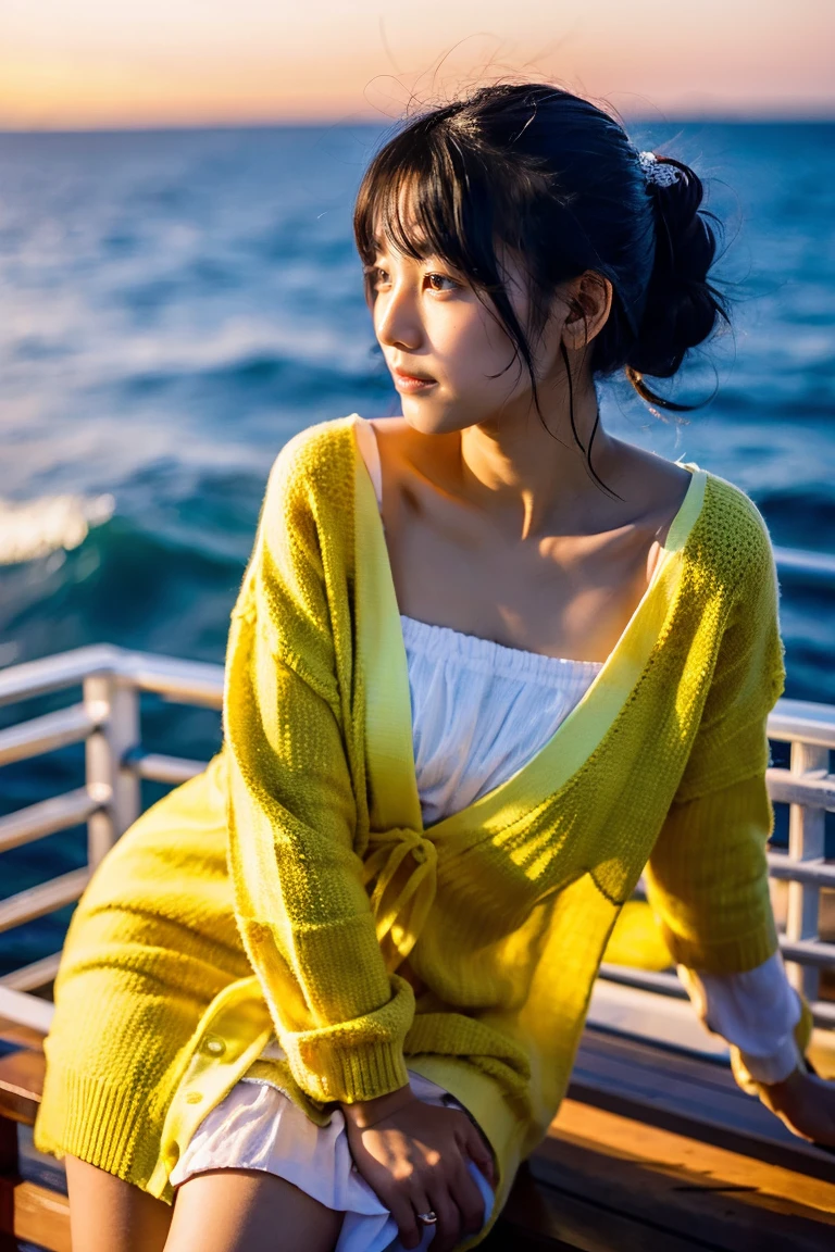 Beautiful girl wearing a summer dress、thin summer cardigan、11 year old、japanes、Sunset sea from the ship deck、No bulge in the chest、Wistful expression、Wheat-colored The skin、heavy wind、Black hair in a bun without bangs、Luxury liner、少し日焼けしたThe skin、Black、the setting sun、