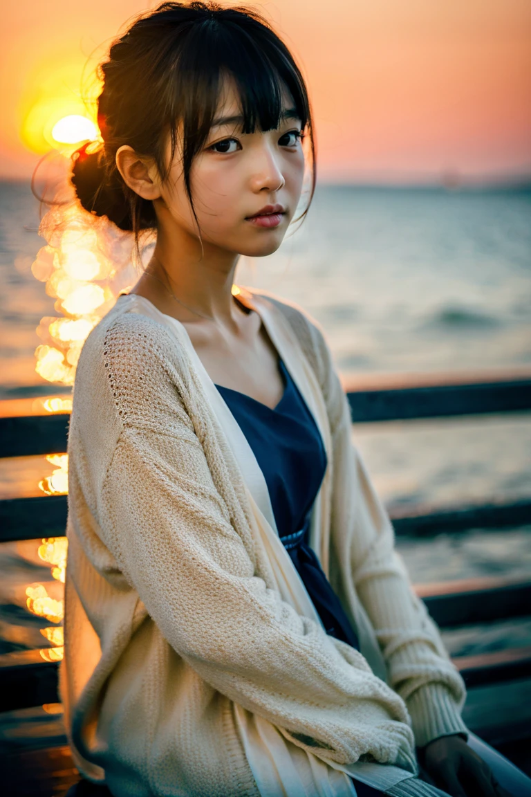 Beautiful girl wearing a summer dress、thin summer cardigan、11 year old、japanes、Sunset sea from the ship deck、No bulge in the chest、Wistful expression、Wheat-colored The skin、heavy wind、Black hair in a bun without bangs、Luxury liner、少し日焼けしたThe skin、Black、the setting sun、