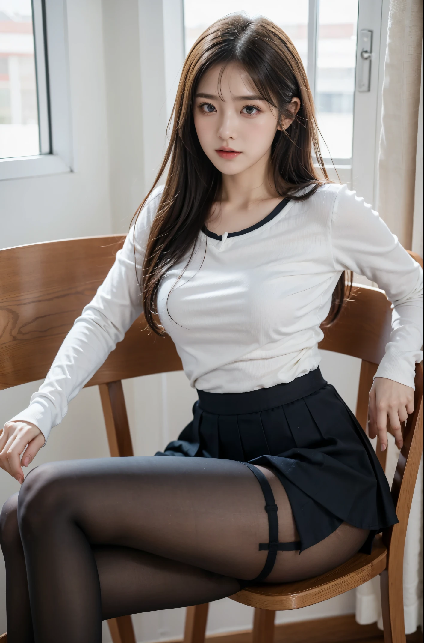 tmasterpiece, Best quality at best,  absurd res, looking at viewert, Alone, Rita Rothweather (summer night dream), Rita Rothweather, The shirt, lacepantyhose, red rose, red eyes, Blonde hair, longer sleeves, Moles under the eyes, hair covering one eye,  frilly shirt, white  shirt,  lusty  smile,  (ulzzang-6500:0.8), long whitr hair, daysies, Black pantyhose for outdoor activities