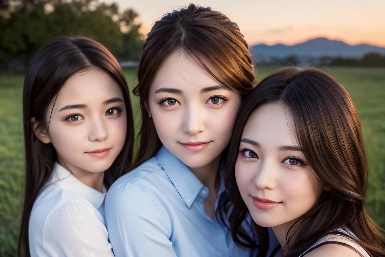 plein air, Beautiful sky, Twilight, 2 girls, Full body, children and mother, Smile, Beautiful face, Double eyelids, long eyelashes, Glowing eyes, Highly detailed eyes, Highly detailed pupils, Highly detailed face, Asian Girl, masutepiece, The 8k quality,