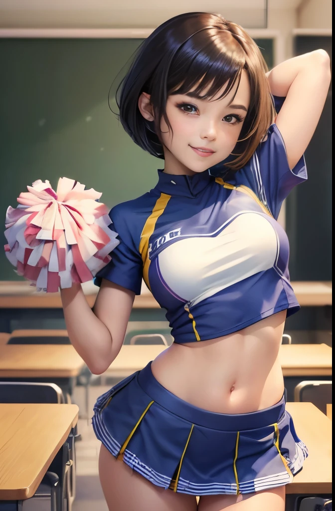 (cheer girl:1.3)、​masterpiece、High quality、Arm Cover、Wave Bob Cut、Crisp eyes、A detailed face、(Perky smile:1.2)、Looking at Viewer、a miniskirt、‎Classroom、Put your hands on your hips、Slouched