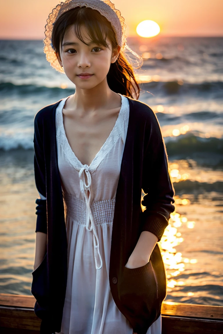 Beautiful girl wearing a summer dress、thin summer cardigan、11 year old、japanes、Sunset sea from the ship deck、No bulge in the chest、Wistful expression、Wheat-colored　The skin、heavy wind、black onion hair、Luxury liner、少し日焼けしたThe skin、Black、the setting sun、