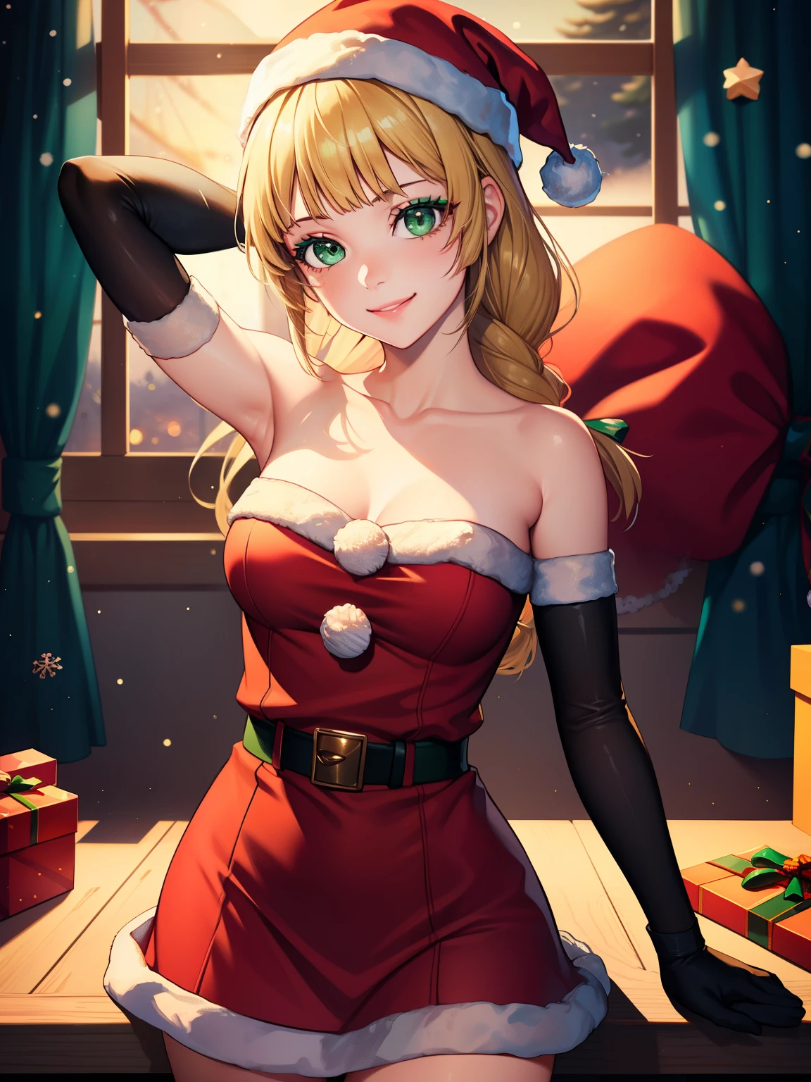 1girl, solo, masterpiece, best quality, high res, highly detailed, (illustration), beautiful detailed eyes, defIngrid, bangs, braided ponytail, green eyes ,glossy lips, makeup, smile, long white elbow gloves, cowboy shot, (santa), red santa dress, santa hat, strapless dress, white elbow gloves