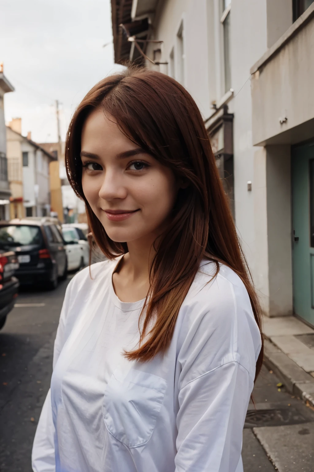 Beautiful wornan, 20 years okt, with a smile on their face, red hair, , taken with iphone camara BREAK medium shot seihe of a pretty young woman BREAK (ombre:1.3) BREAK tim grain, medium quality