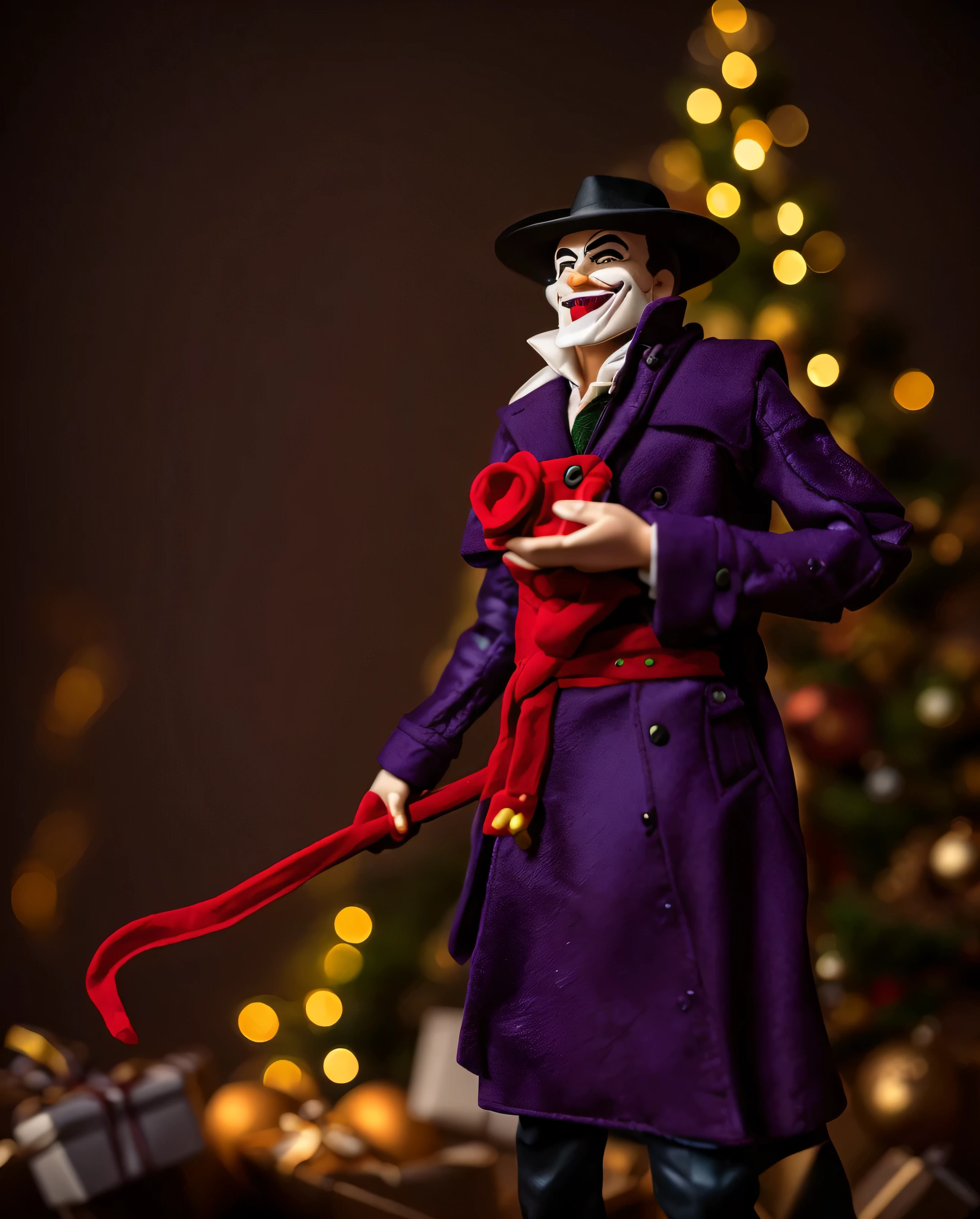 there is a toy figure of a man in a purple coat and hat, coringa, coringa, fundo de natal, fundo natalino, fundo com noite de natal, Christmas tree, Gothan Natalina, fundo com natal, evil standing smiling pose