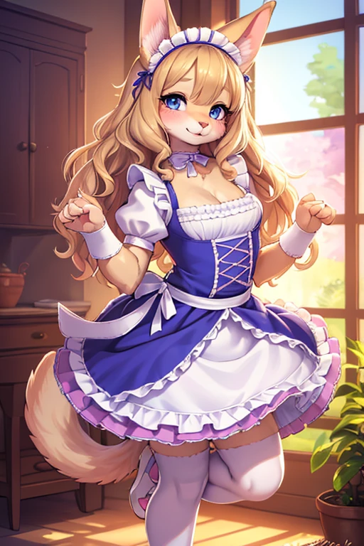 (Furry,Dog girl,Hairy girl in maid costume),(Best quality,A high resolution,Ultra-detailed,Realistic:1.37),Beautiful detailed eyes,beautiful detailed lips,Extremely detailed eyes and face,long eyelasher,with its soft fur,Blonde hair,Natural sunlight,Flower garden,Pastel colors,Peaceful atmosphere,Warm and comfortable environment,Vibrant colors,Playful expression,Gentle smile,Sparkling eyes,Curly hair,Elegant Pose,Cute dog ears,Cute tail,Fluffy skirt,Delicate embroidery,Ruffled lace apron,maid headband,Lovely collar,Bunny slippers,Ribbons,Rustic white frills,luxurious fabrics,Petite figure,Clever rendering,Fantastical Atmosphere,Dainty hands+the bow,Small proportions,graceful movements,Innocent charm,whimsical details,mesmerizing backdrop, Dreamy lighting, Artistic composition