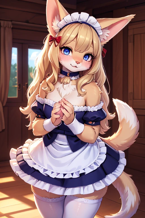 (Furry,Dog girl,Hairy girl in maid costume),(Best quality,A high resolution,Ultra-detailed,Realistic:1.37),Beautiful detailed eyes,beautiful detailed lips,Extremely detailed eyes and face,long eyelasher,with its soft fur,Blonde hair,Natural sunlight,Flower garden,Pastel colors,Peaceful atmosphere,Warm and comfortable environment,Vibrant colors,Playful expression,Gentle smile,Sparkling eyes,Curly hair,Elegant Pose,Cute dog ears,Cute tail,Fluffy skirt,Delicate embroidery,Ruffled lace apron,maid headband,Lovely collar,Bunny slippers,Ribbons,Rustic white frills,luxurious fabrics,Petite figure,Clever rendering,Fantastical Atmosphere,Dainty hands+the bow,Small proportions,graceful movements,Innocent charm,whimsical details,mesmerizing backdrop, Dreamy lighting, Artistic composition