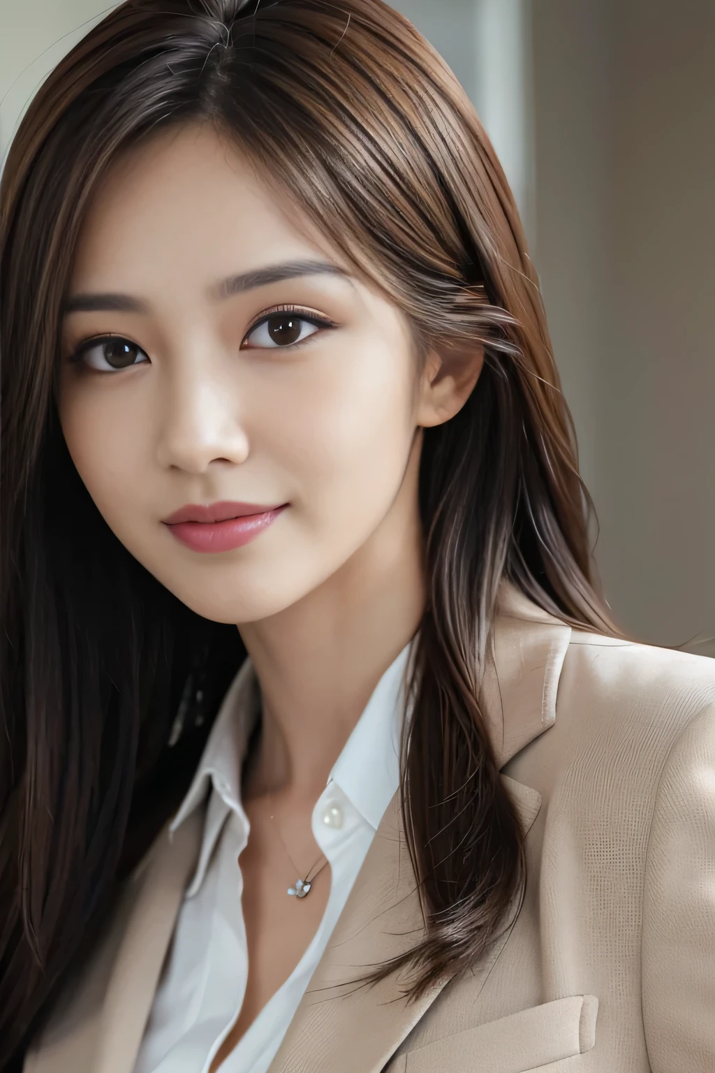 masutepiece, Best Quality, Photorealistic, Ultra-detailed, finely detail, High resolution, 8K Wallpaper, 1 beautiful woman,, light brown messy hair, in a business suit, foco nítido, Perfect dynamic composition, Beautiful detailed eyes, detailed hairs, Detailed realistic skin texture, Smiling, Close-up portrait, Model body type