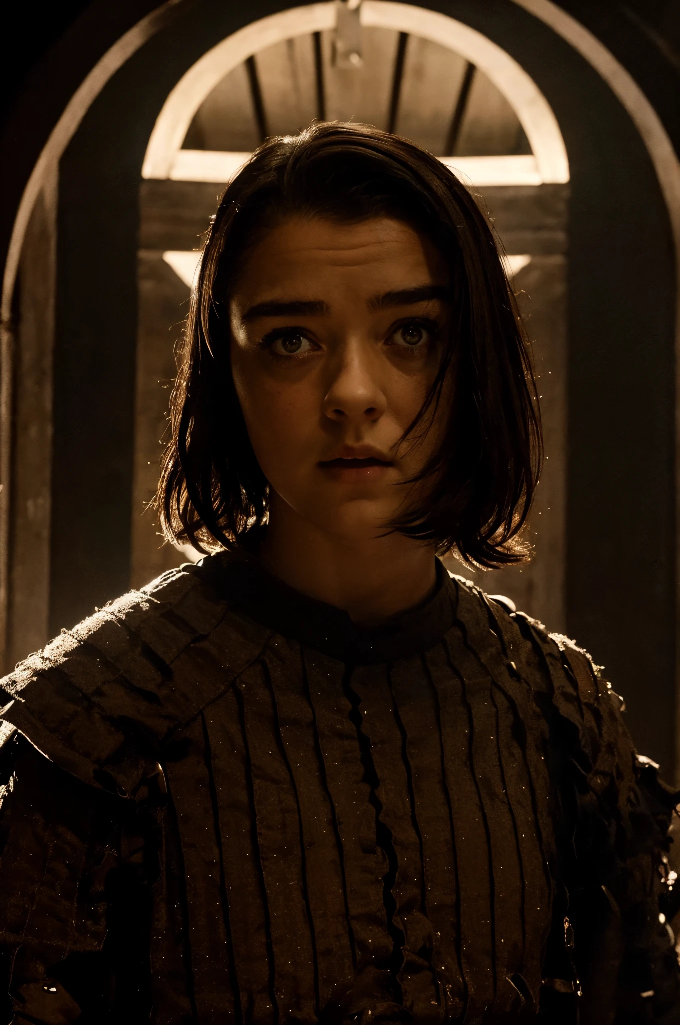 cinematic poster, Arte centrada, 1 girl, solo, ((sozinho)), (((only one character))), Arya Stark, Maisie Williams face, fundo respirando fogo, rosto de Arya Stark,  Game of Thrones, Gothic colors, climate of tension and terror, Adobe Illustration, trending on ArtStation, 8k, disco Rigido , master part, arte linda, detalhes intrincados.