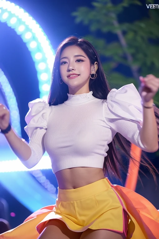 1chica en, Super beautiful girl, Dream Girl, Vestir de rosa, ulzzangs, danza, Concierto en el parque de atracciones en el fondo, lightning in the sky, Ultra detalles, Un hiperrealista, Kinematic , Renderizado de octanaje, 16 mil